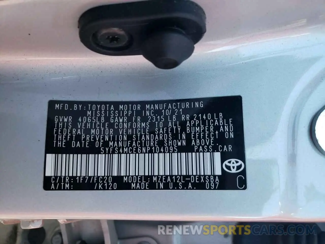 12 fotografías del automóvil dañado 5YFS4MCE6NP104095 TOYOTA COROLLA 2022