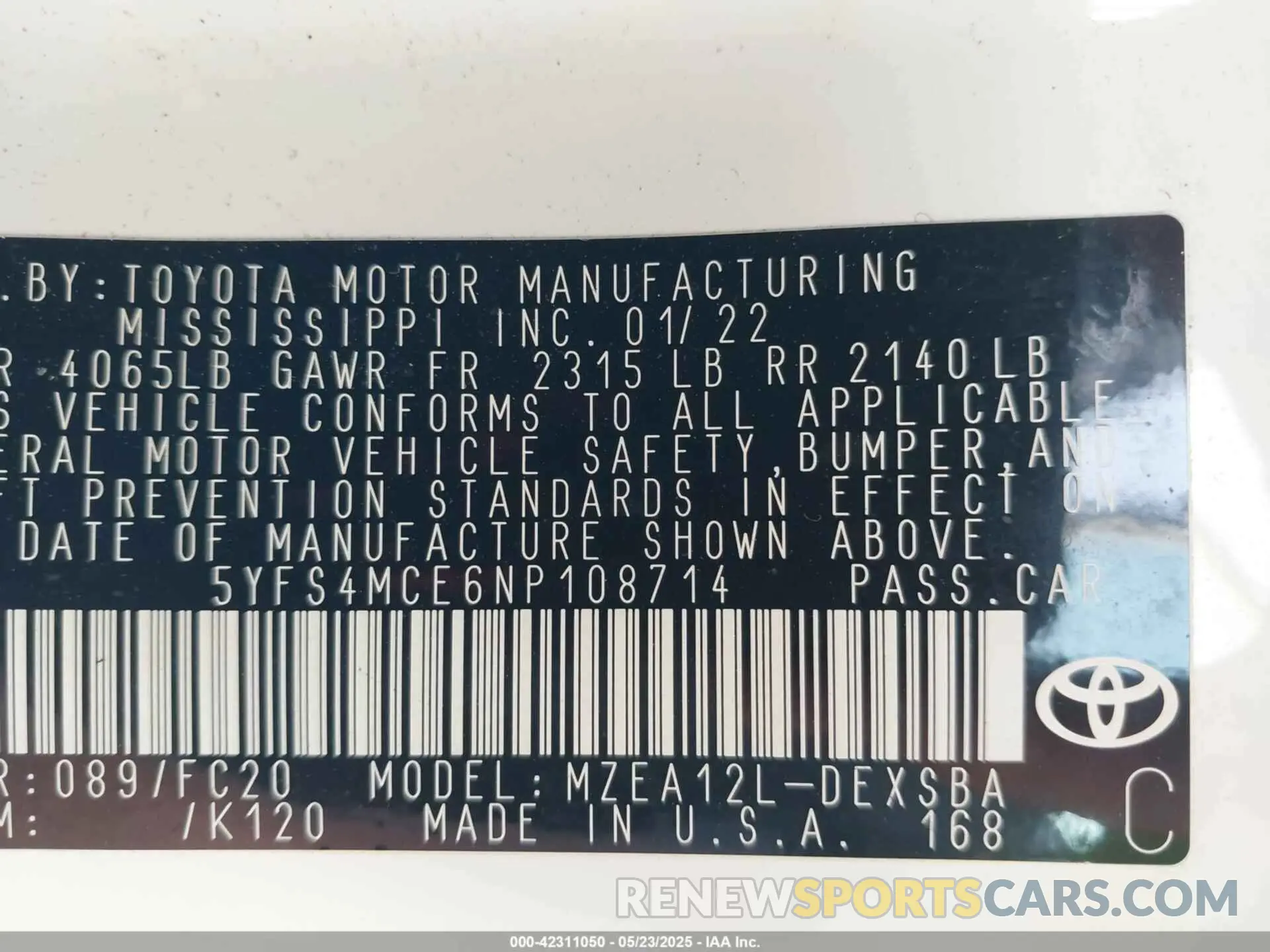 9 fotografías del automóvil dañado 5YFS4MCE6NP108714 TOYOTA COROLLA 2022