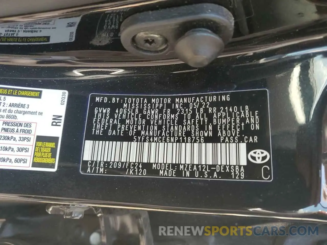 12 fotografías del automóvil dañado 5YFS4MCE6NP118756 TOYOTA COROLLA 2022