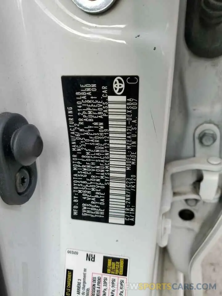 12 fotografías del automóvil dañado 5YFS4MCE6NP121219 TOYOTA COROLLA 2022