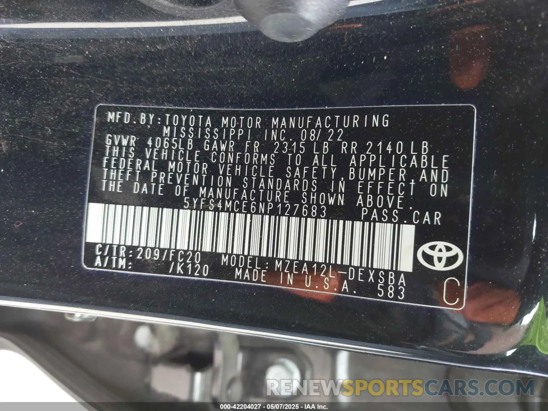 9 fotografías del automóvil dañado 5YFS4MCE6NP127683 TOYOTA COROLLA 2022