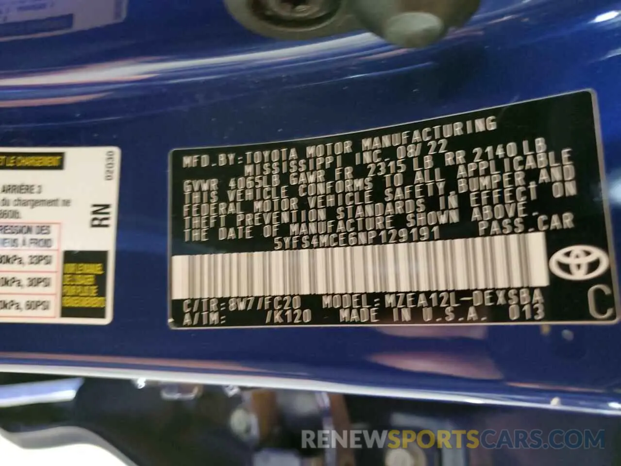12 fotografías del automóvil dañado 5YFS4MCE6NP129191 TOYOTA COROLLA 2022