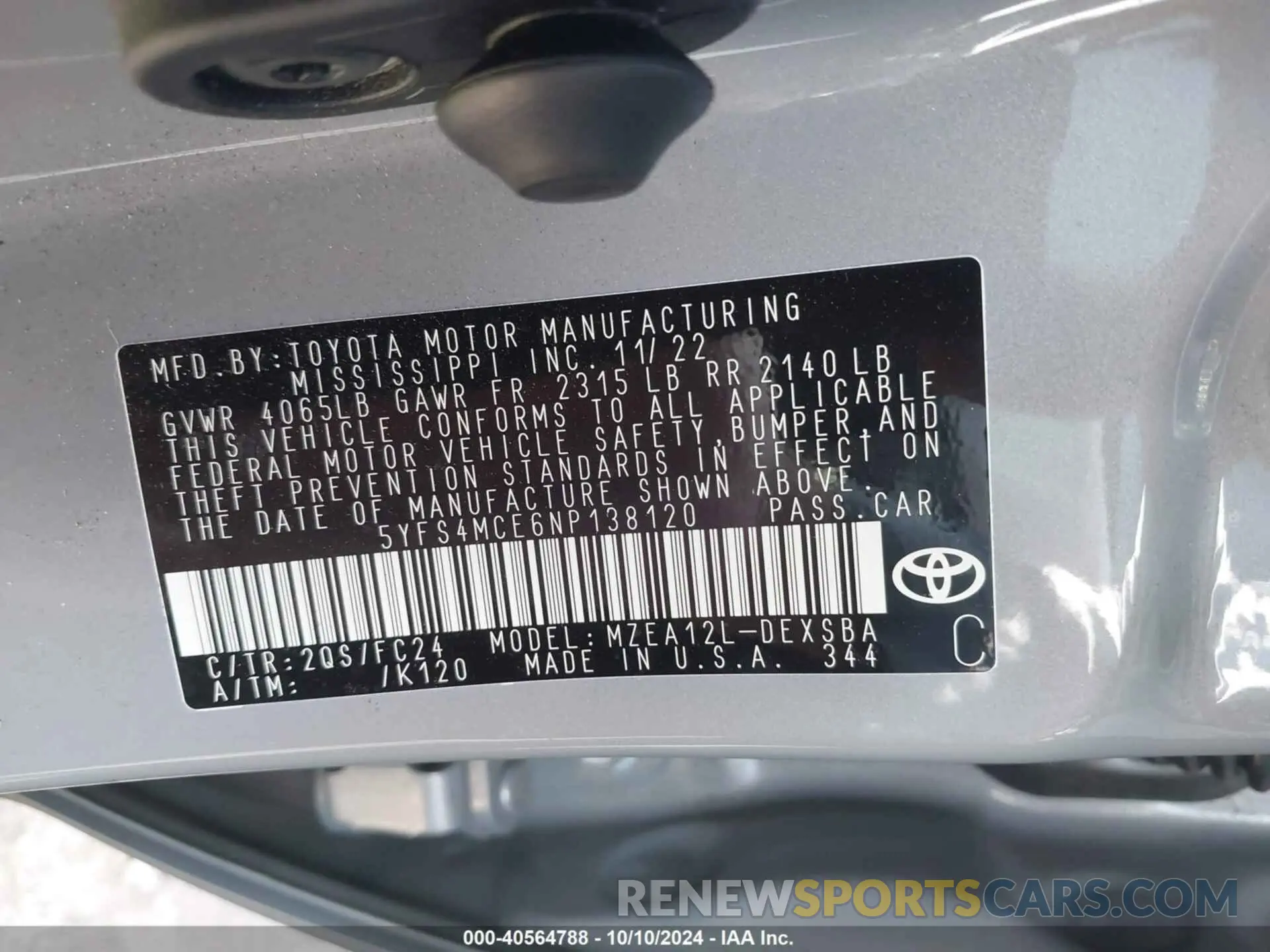 9 fotografías del automóvil dañado 5YFS4MCE6NP138120 TOYOTA COROLLA 2022