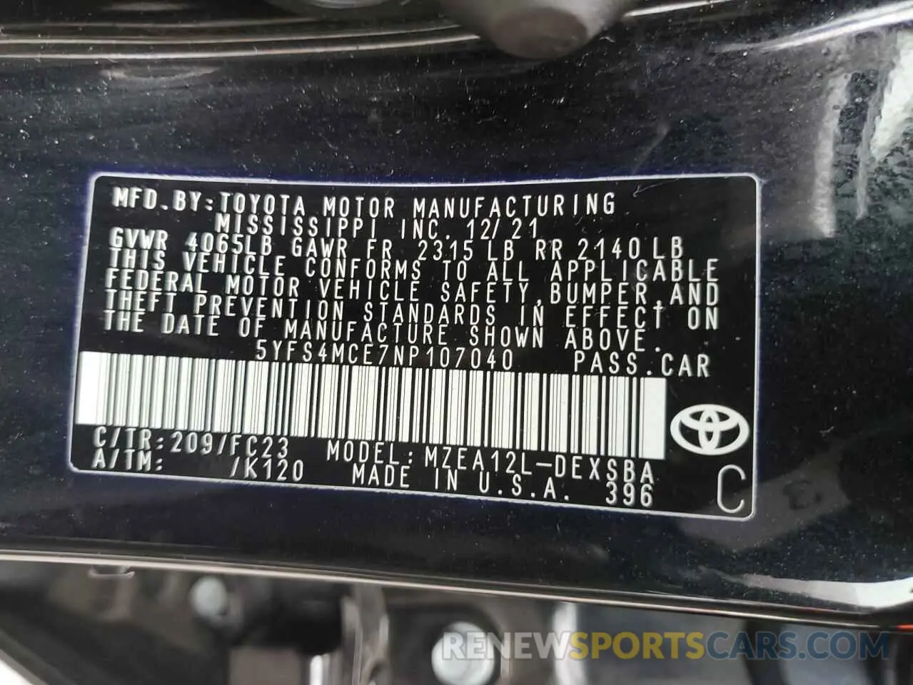 14 fotografías del automóvil dañado 5YFS4MCE7NP107040 TOYOTA COROLLA 2022