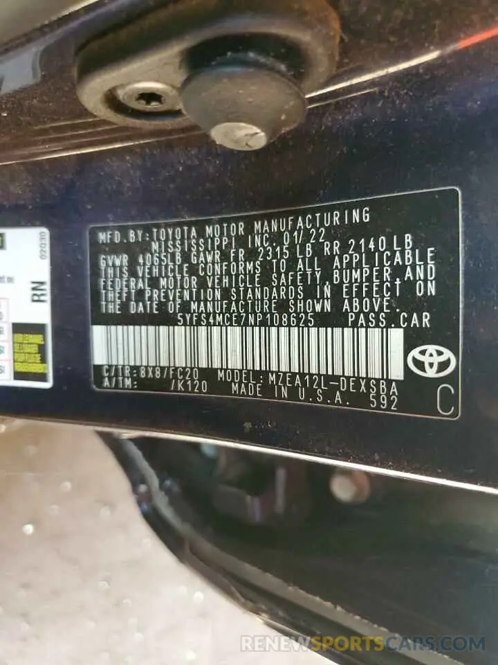 13 fotografías del automóvil dañado 5YFS4MCE7NP108625 TOYOTA COROLLA 2022