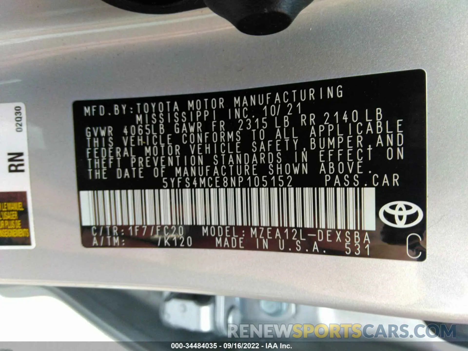 9 fotografías del automóvil dañado 5YFS4MCE8NP105152 TOYOTA COROLLA 2022
