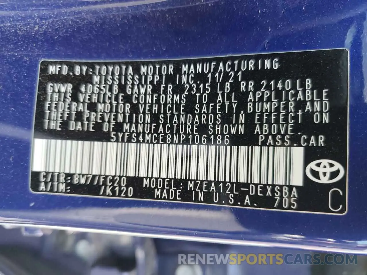 12 fotografías del automóvil dañado 5YFS4MCE8NP106186 TOYOTA COROLLA 2022