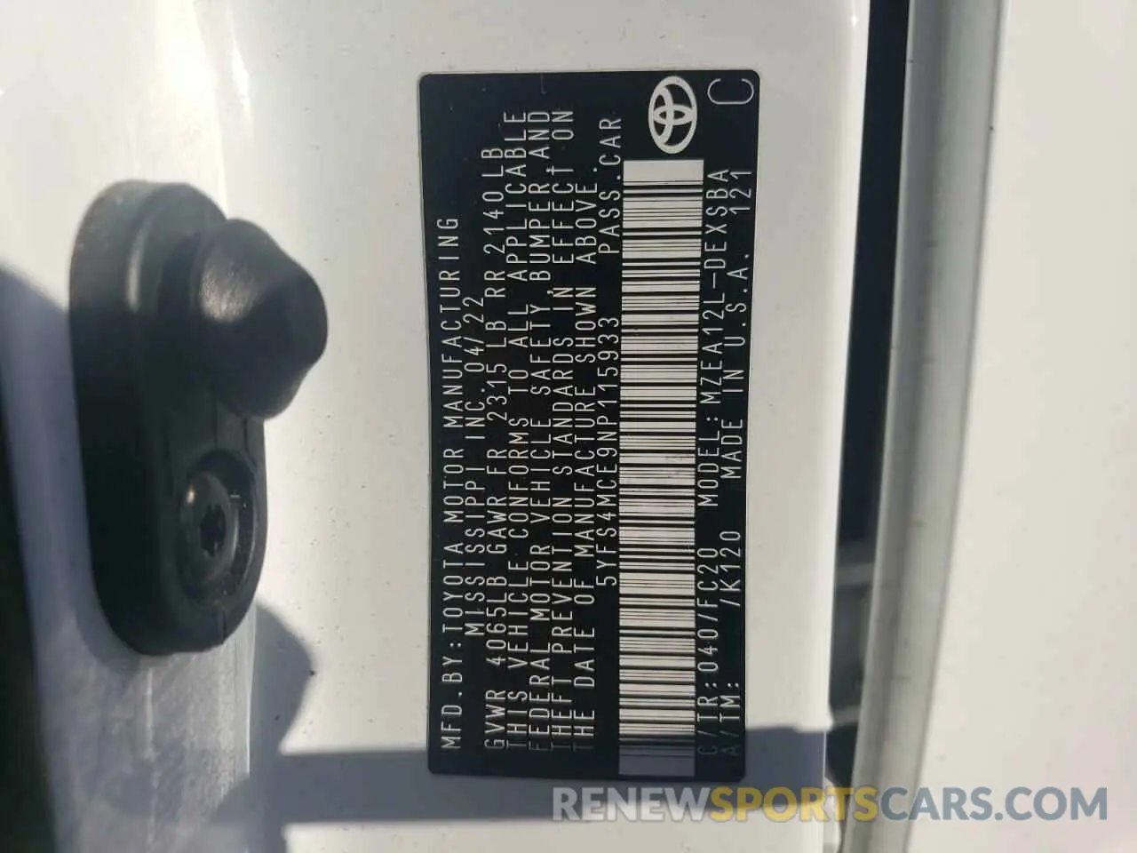 12 fotografías del automóvil dañado 5YFS4MCE9NP115933 TOYOTA COROLLA 2022