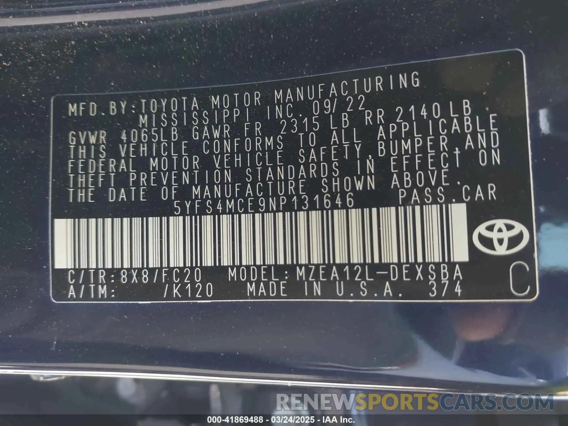 9 fotografías del automóvil dañado 5YFS4MCE9NP131646 TOYOTA COROLLA 2022