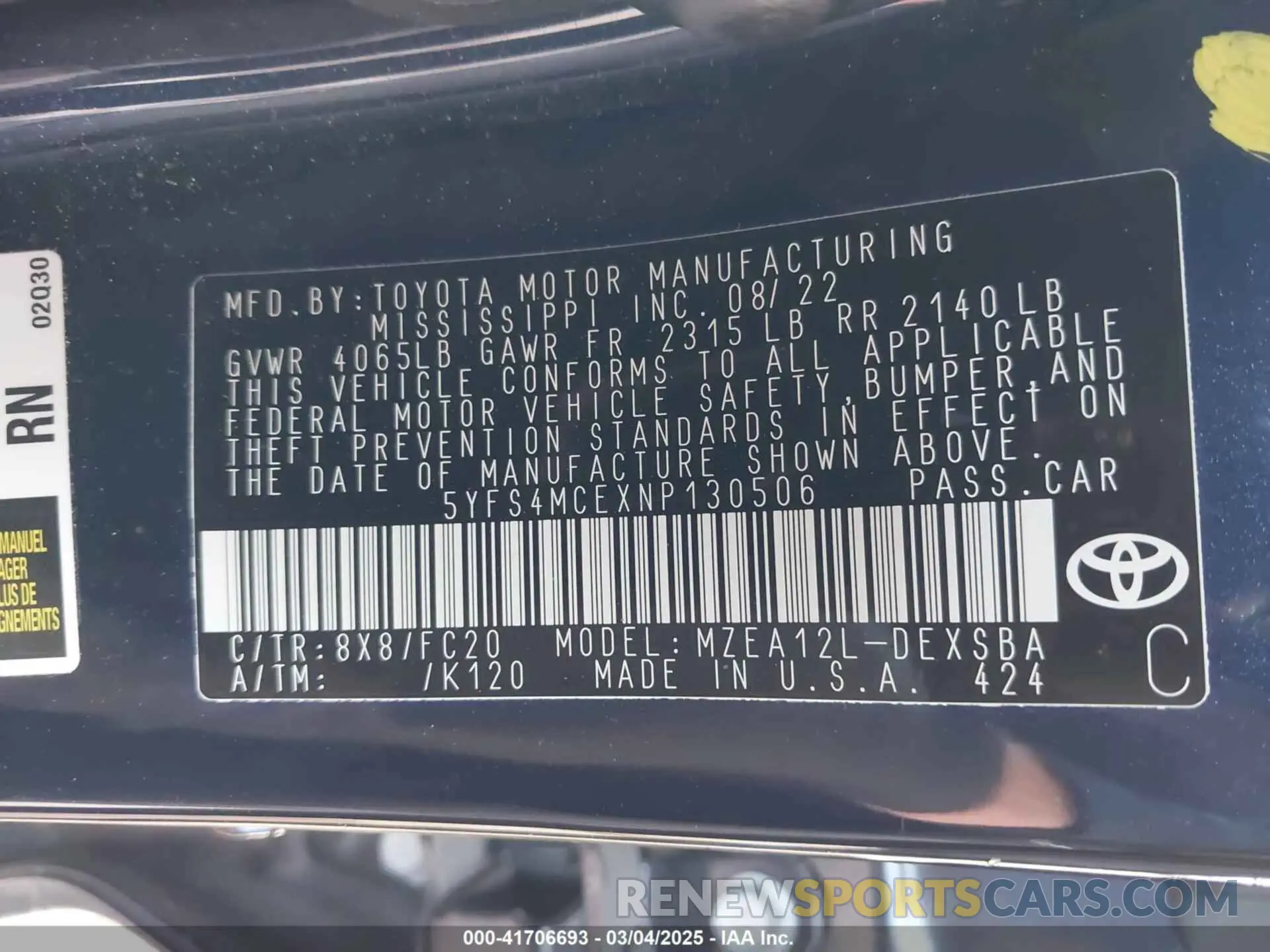 9 fotografías del automóvil dañado 5YFS4MCEXNP130506 TOYOTA COROLLA 2022