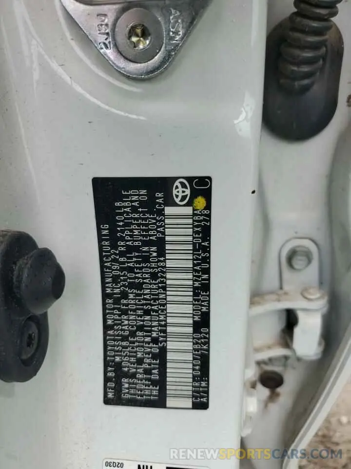 12 fotografías del automóvil dañado 5YFT4MCE0NP132284 TOYOTA COROLLA 2022