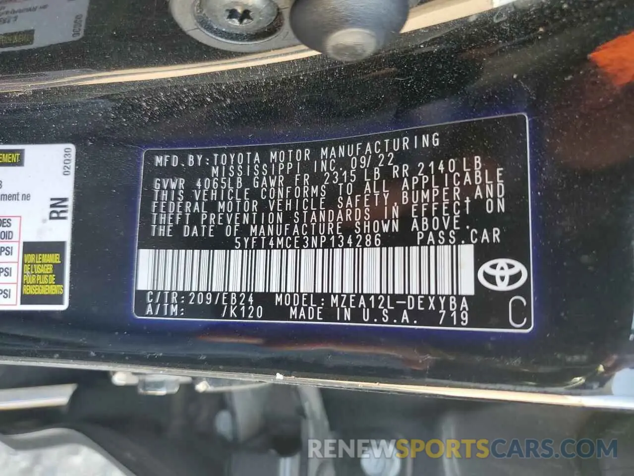 12 fotografías del automóvil dañado 5YFT4MCE3NP134286 TOYOTA COROLLA 2022