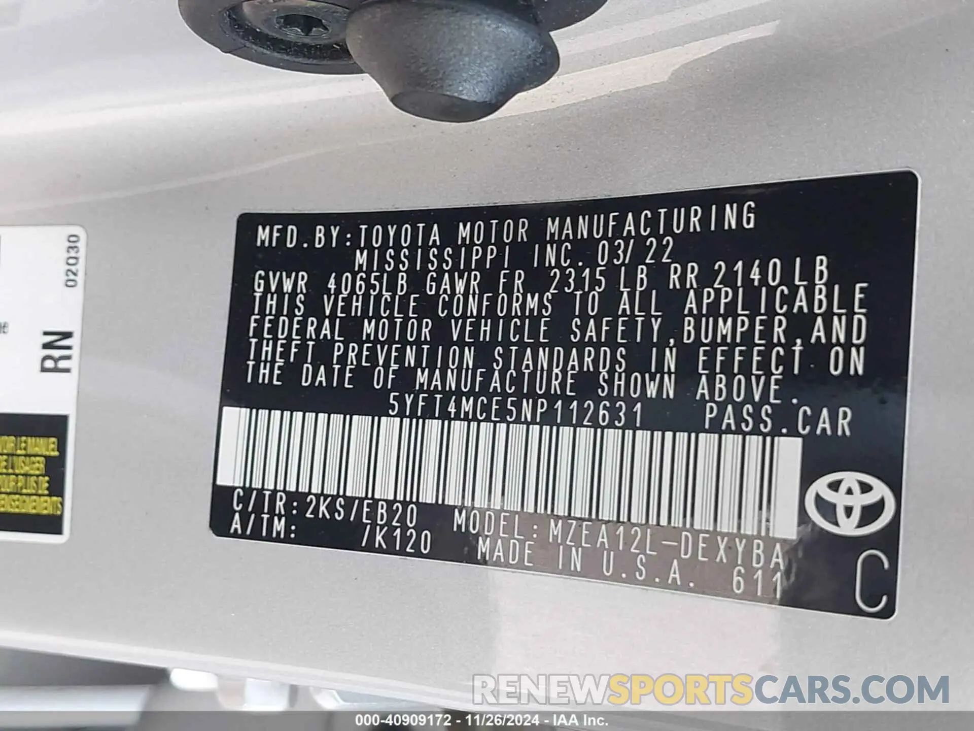9 fotografías del automóvil dañado 5YFT4MCE5NP112631 TOYOTA COROLLA 2022