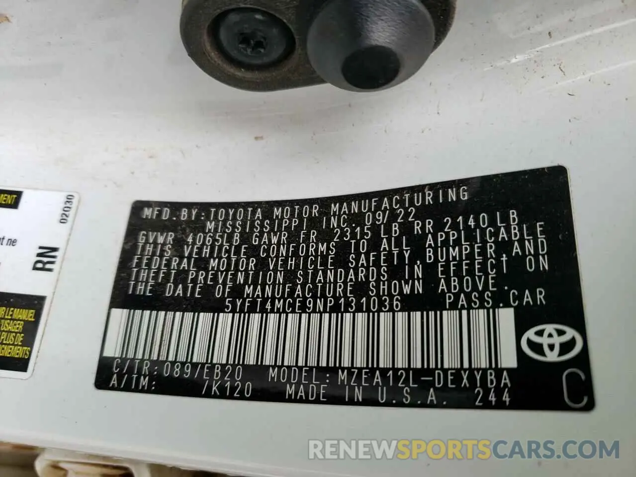 12 fotografías del automóvil dañado 5YFT4MCE9NP131036 TOYOTA COROLLA 2022