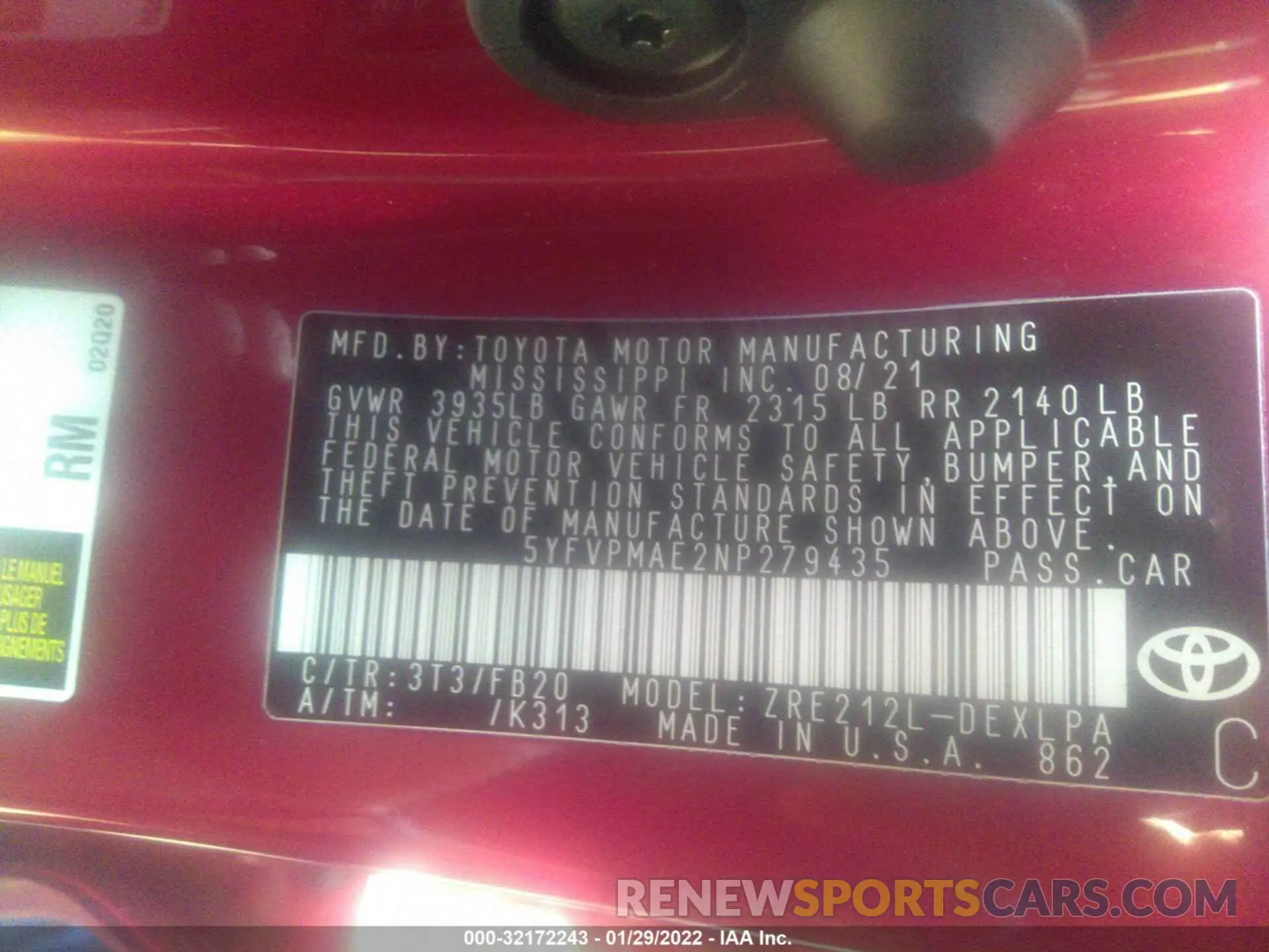 9 fotografías del automóvil dañado 5YFVPMAE2NP279435 TOYOTA COROLLA 2022