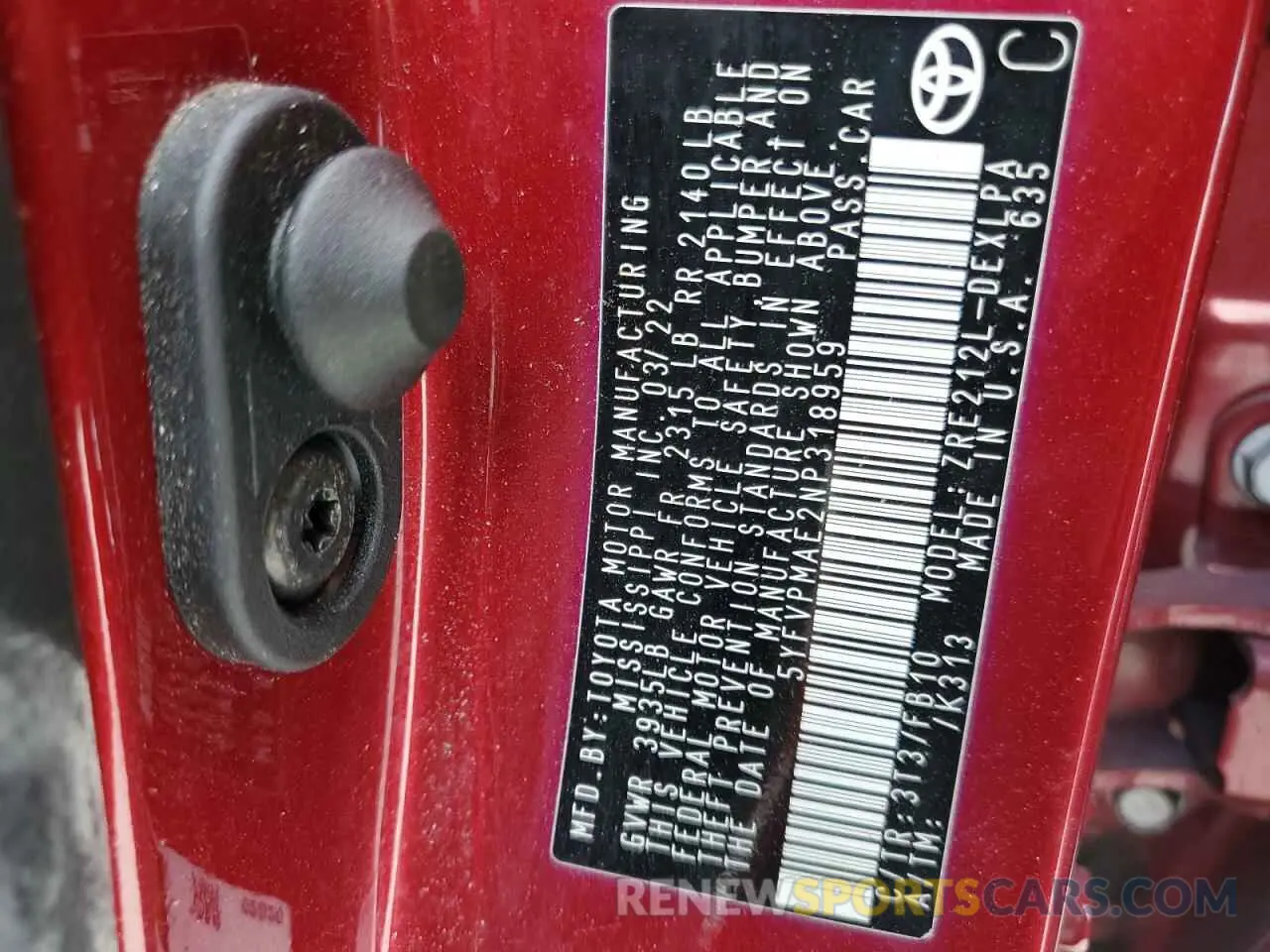 12 fotografías del automóvil dañado 5YFVPMAE2NP318959 TOYOTA COROLLA 2022
