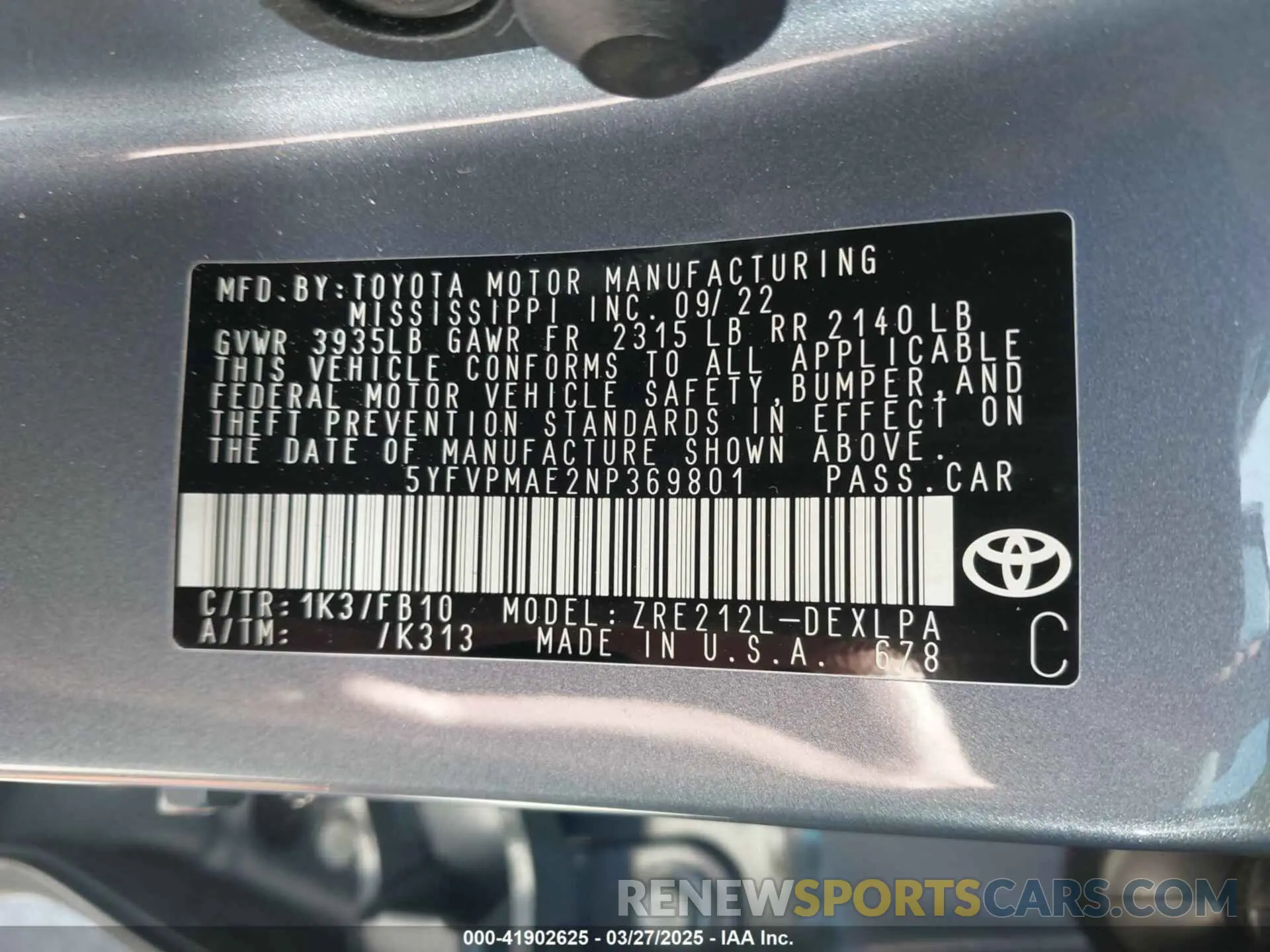 9 fotografías del automóvil dañado 5YFVPMAE2NP369801 TOYOTA COROLLA 2022