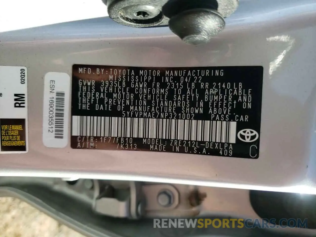 12 fotografías del automóvil dañado 5YFVPMAE7NP321002 TOYOTA COROLLA 2022