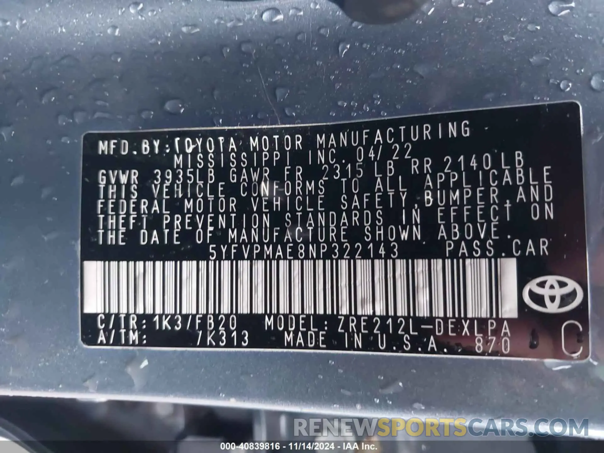 9 fotografías del automóvil dañado 5YFVPMAE8NP322143 TOYOTA COROLLA 2022
