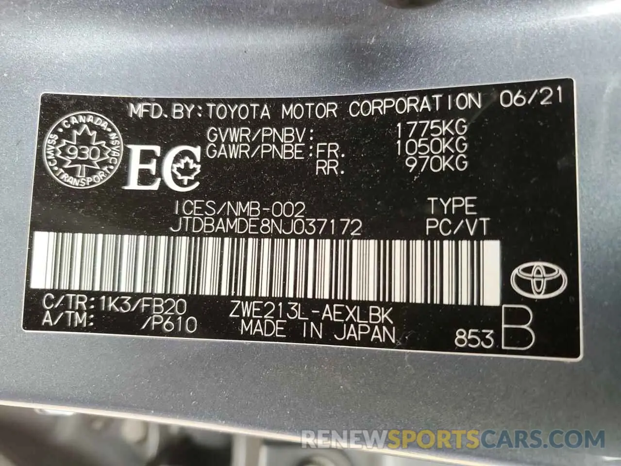 12 fotografías del automóvil dañado JTDBAMDE8NJ037172 TOYOTA COROLLA 2022