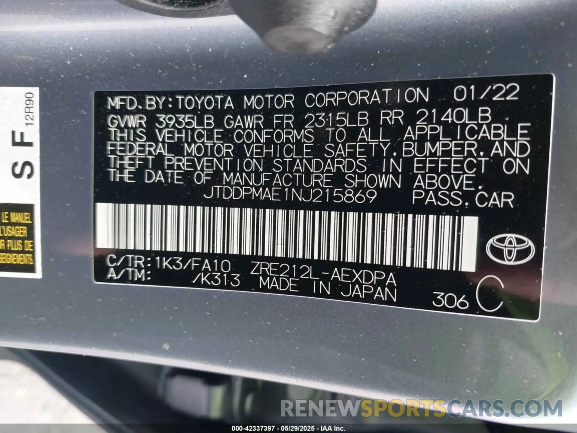 9 fotografías del automóvil dañado JTDDPMAE1NJ215869 TOYOTA COROLLA 2022