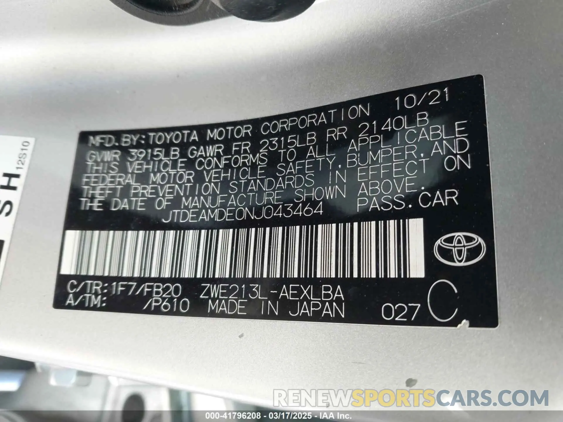 9 fotografías del automóvil dañado JTDEAMDE0NJ043464 TOYOTA COROLLA 2022