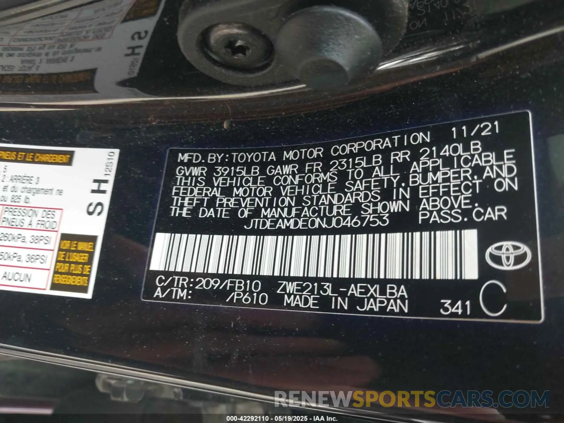 9 fotografías del automóvil dañado JTDEAMDE0NJ046753 TOYOTA COROLLA 2022