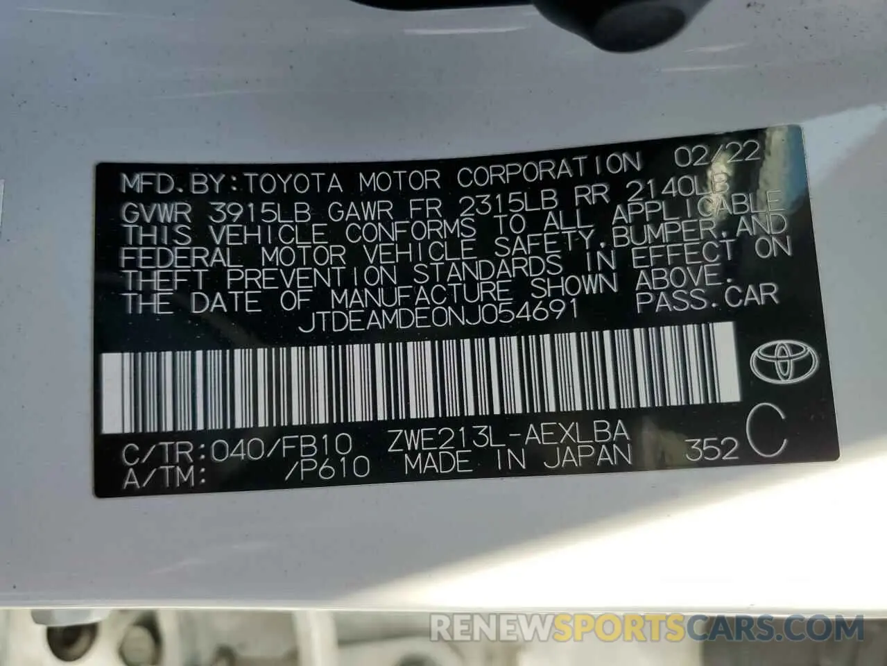 14 fotografías del automóvil dañado JTDEAMDE0NJ054691 TOYOTA COROLLA 2022