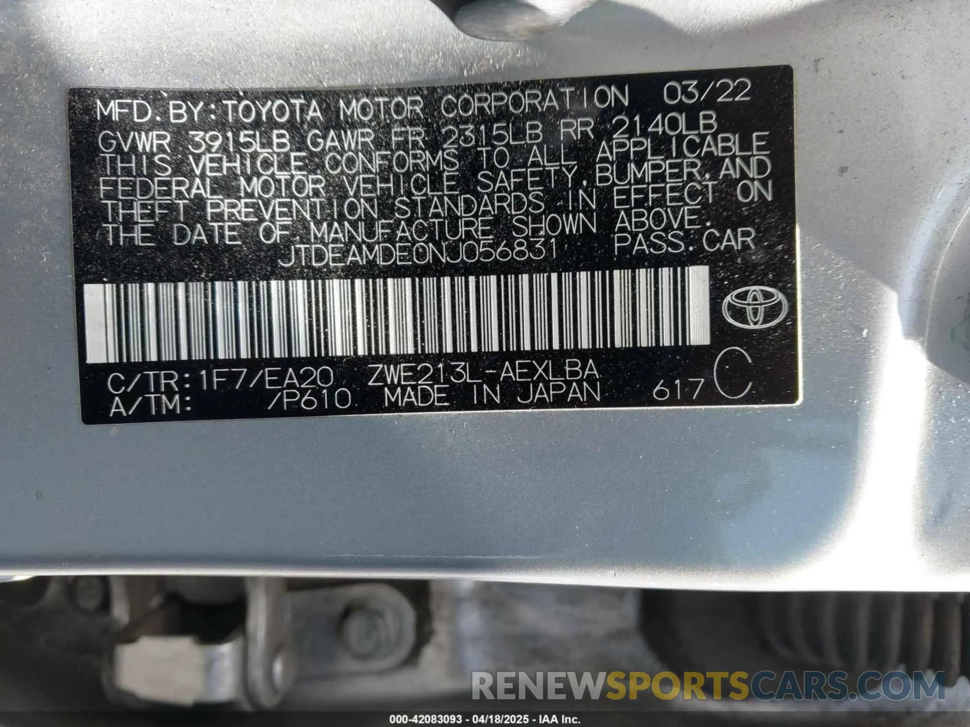9 fotografías del automóvil dañado JTDEAMDE0NJ056831 TOYOTA COROLLA 2022