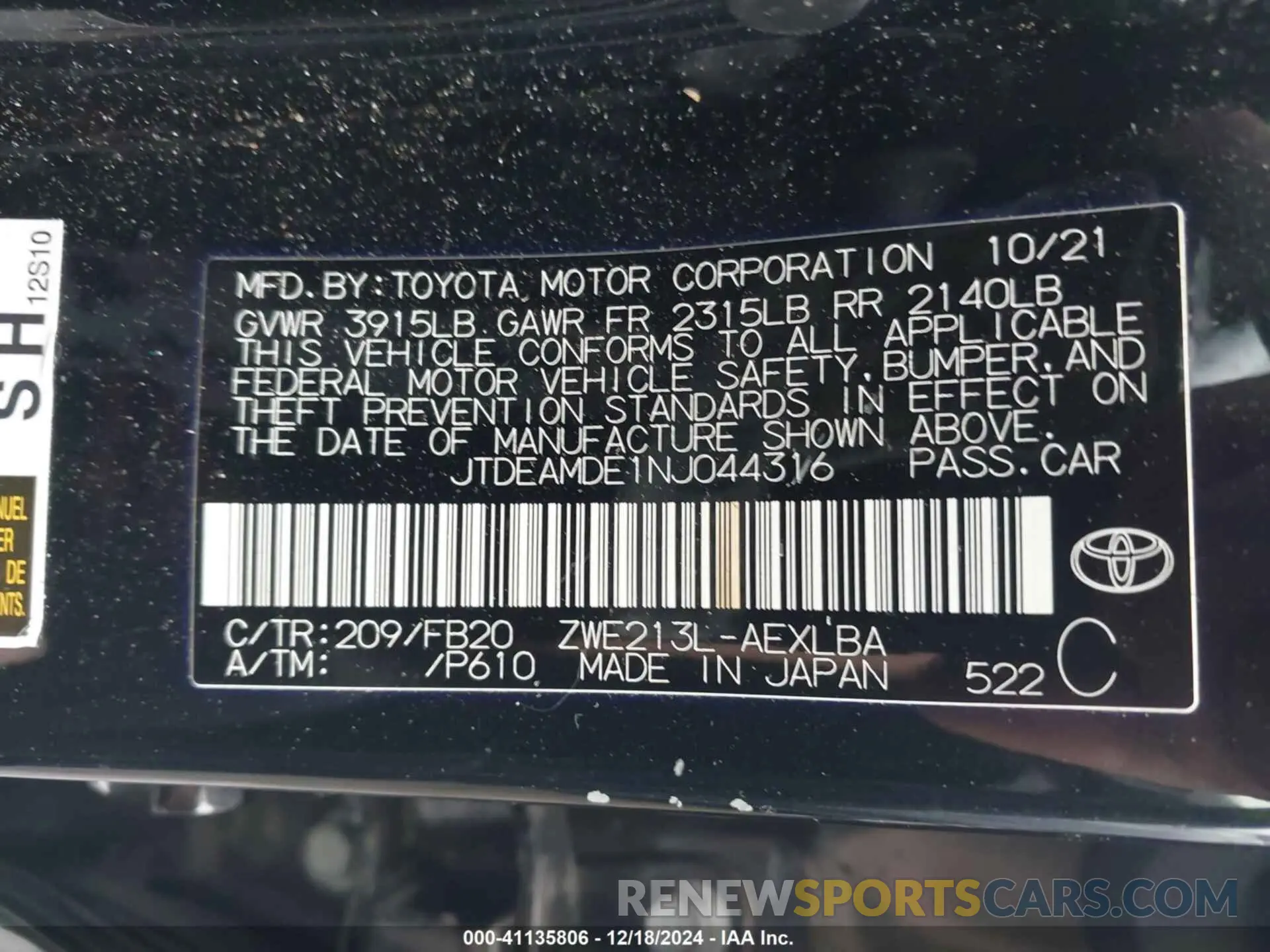 9 fotografías del automóvil dañado JTDEAMDE1NJ044316 TOYOTA COROLLA 2022