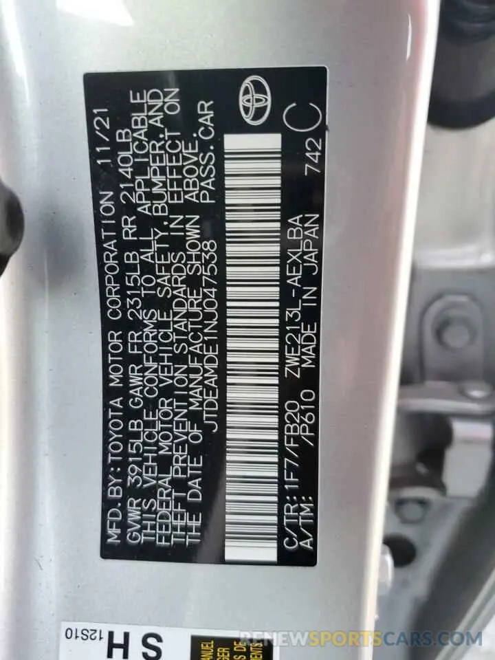 10 fotografías del automóvil dañado JTDEAMDE1NJ047538 TOYOTA COROLLA 2022