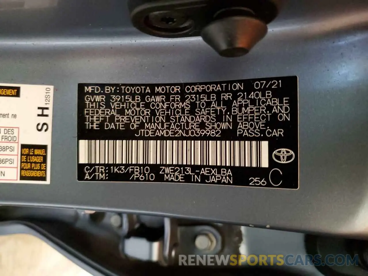 12 fotografías del automóvil dañado JTDEAMDE2NJ039982 TOYOTA COROLLA 2022