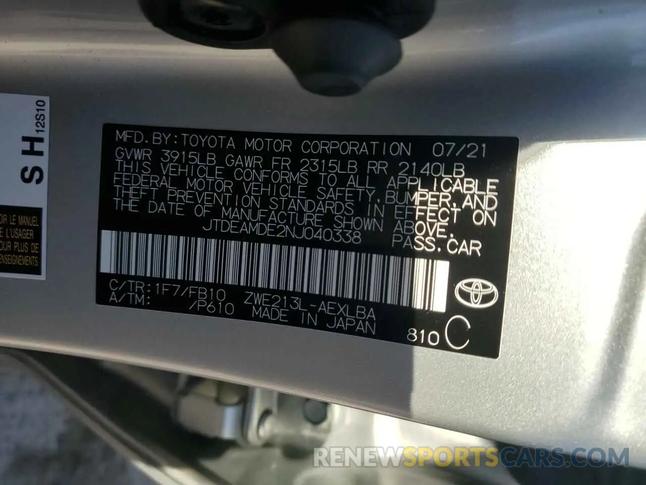 12 fotografías del automóvil dañado JTDEAMDE2NJ040338 TOYOTA COROLLA 2022