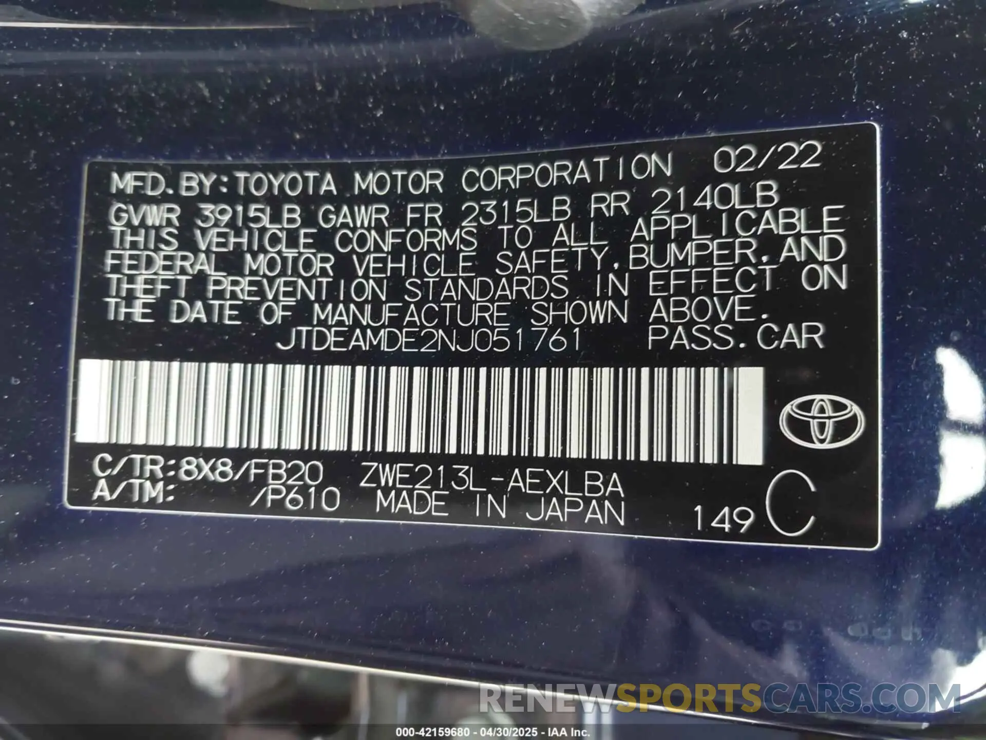 9 fotografías del automóvil dañado JTDEAMDE2NJ051761 TOYOTA COROLLA 2022
