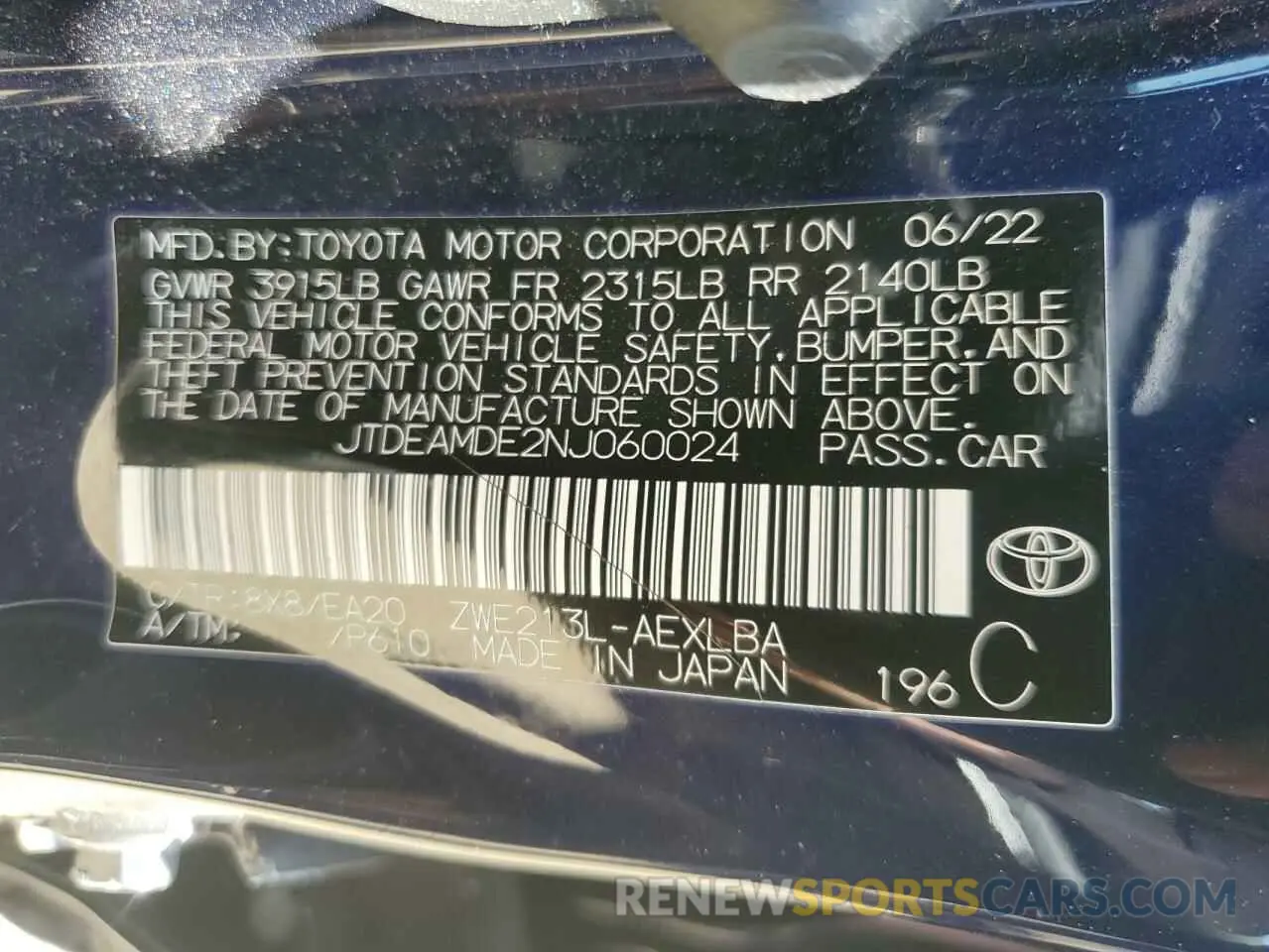 13 fotografías del automóvil dañado JTDEAMDE2NJ060024 TOYOTA COROLLA 2022
