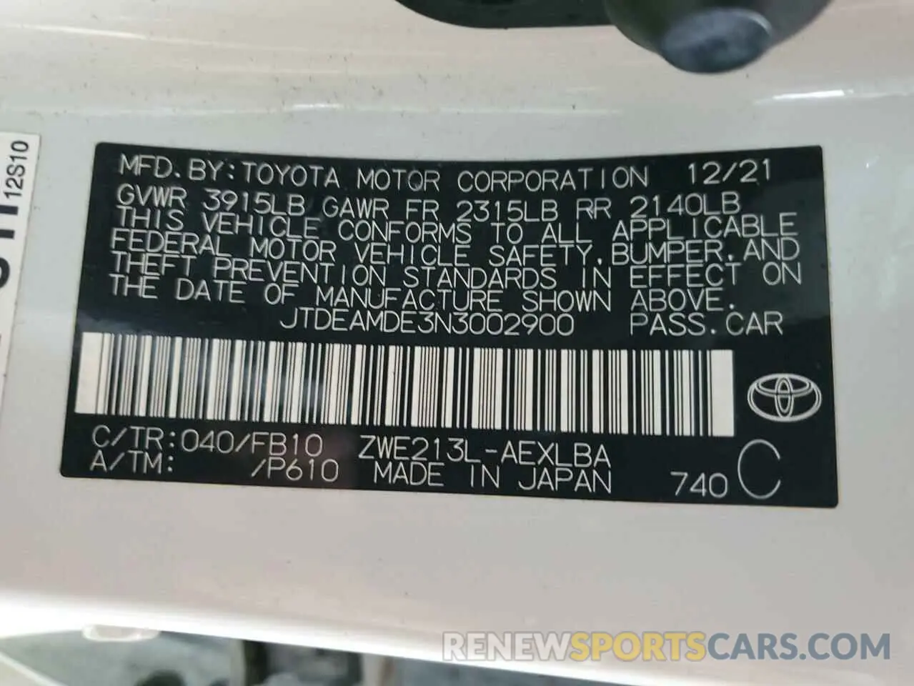 12 fotografías del automóvil dañado JTDEAMDE3N3002900 TOYOTA COROLLA 2022