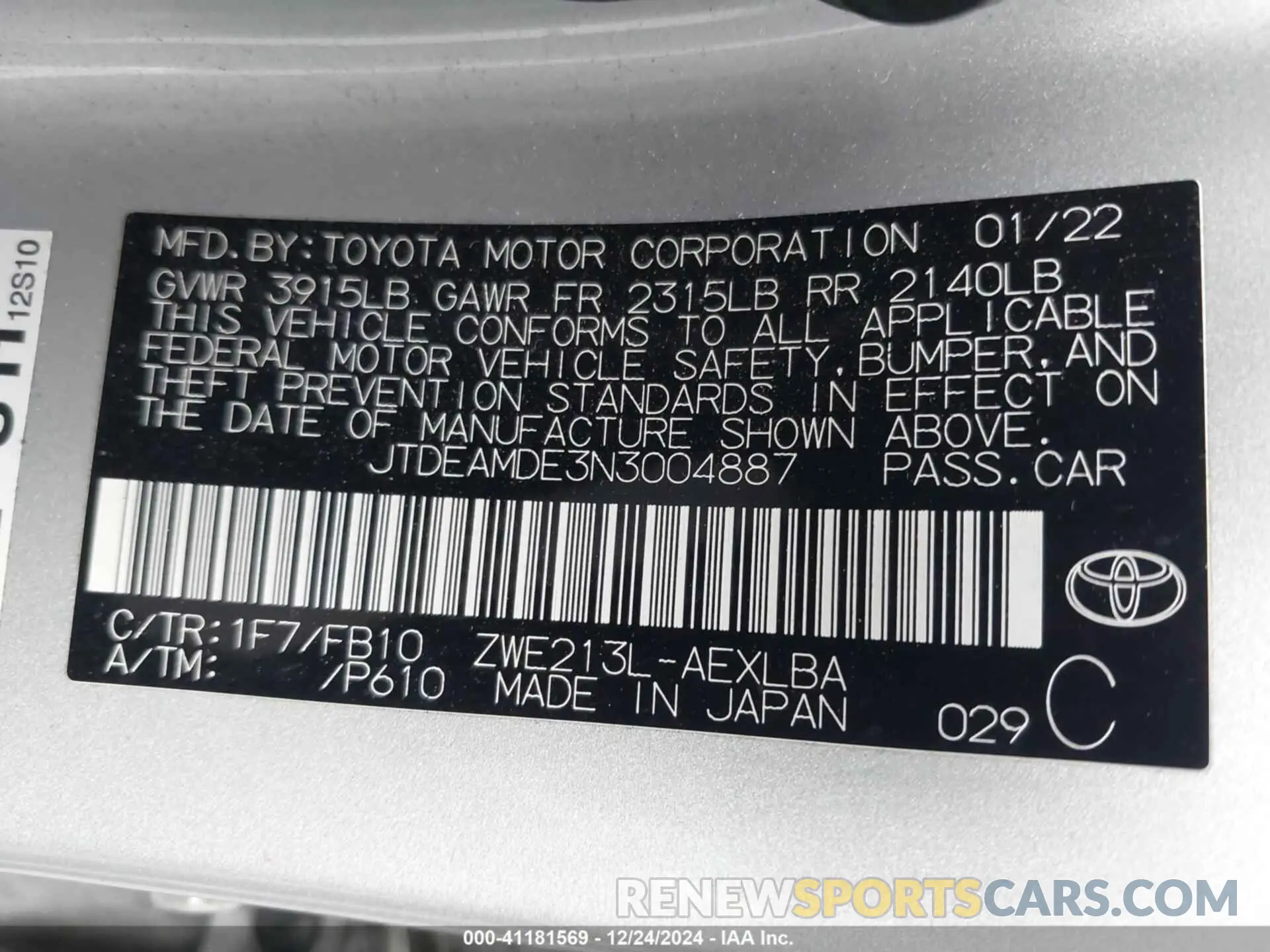 9 fotografías del automóvil dañado JTDEAMDE3N3004887 TOYOTA COROLLA 2022