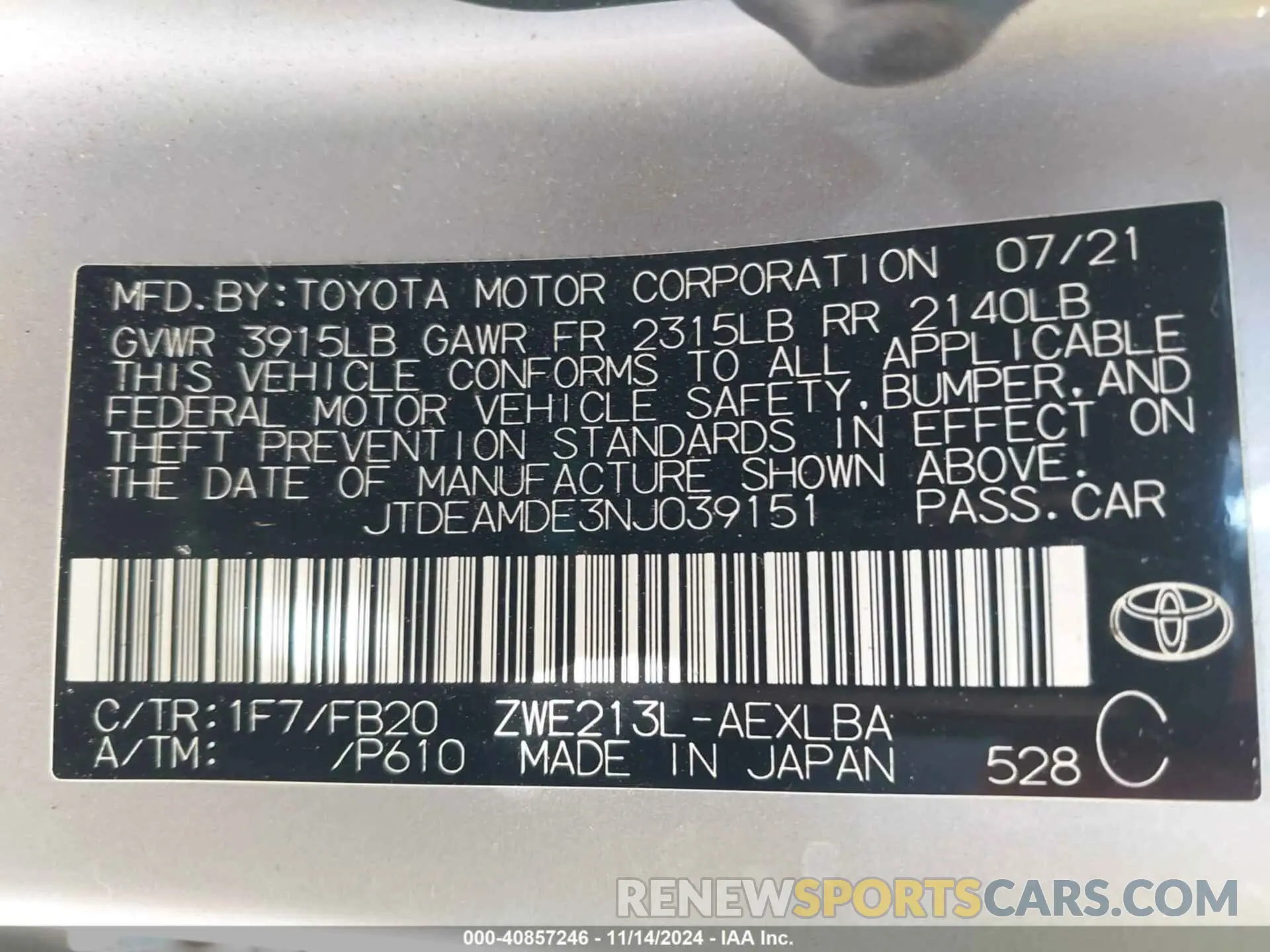 9 fotografías del automóvil dañado JTDEAMDE3NJ039151 TOYOTA COROLLA 2022