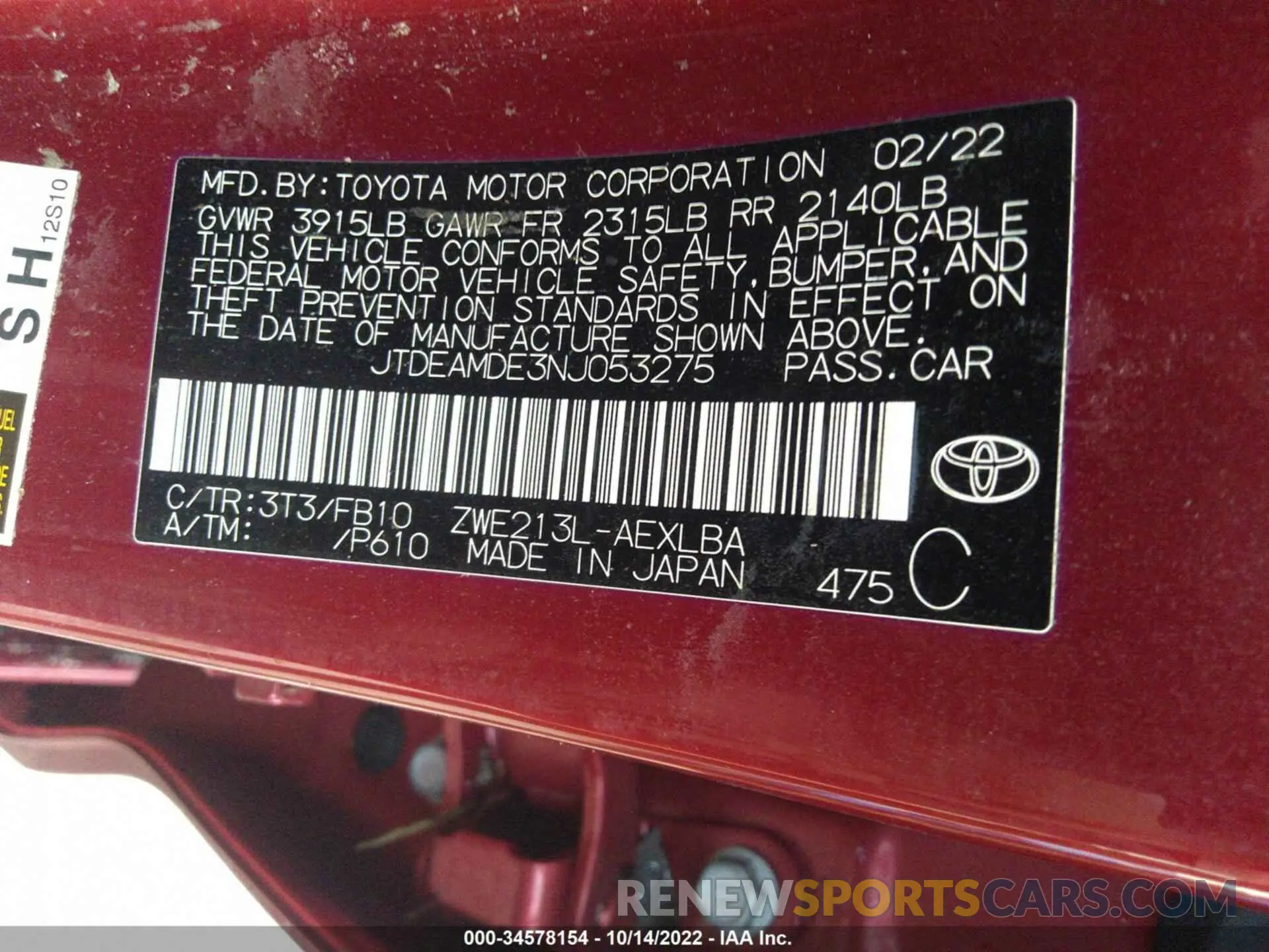 9 fotografías del automóvil dañado JTDEAMDE3NJ053275 TOYOTA COROLLA 2022