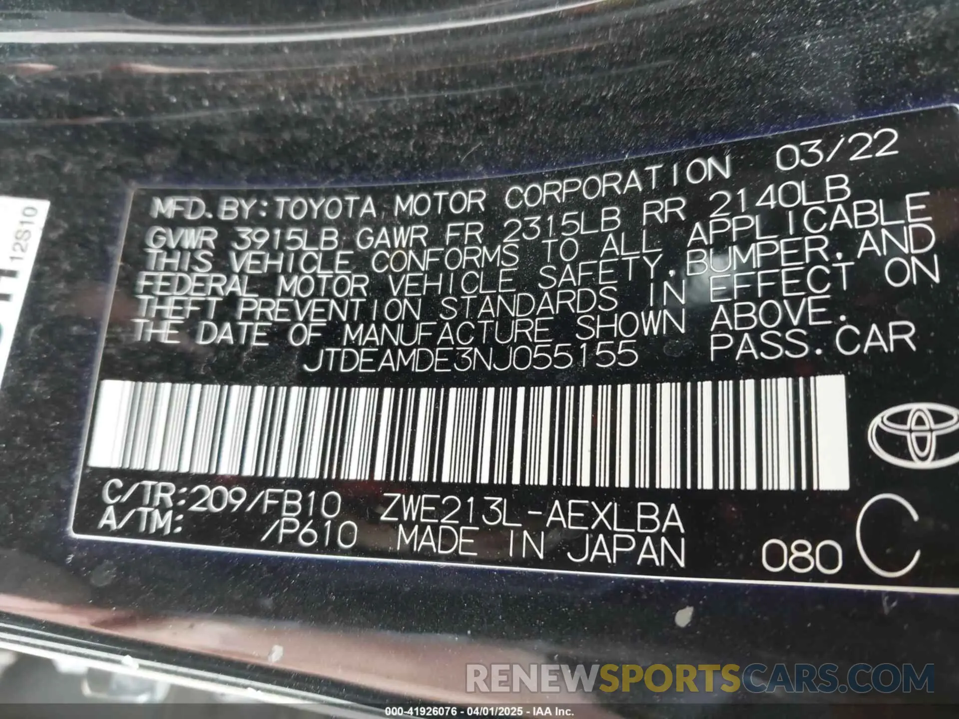 9 fotografías del automóvil dañado JTDEAMDE3NJ055155 TOYOTA COROLLA 2022