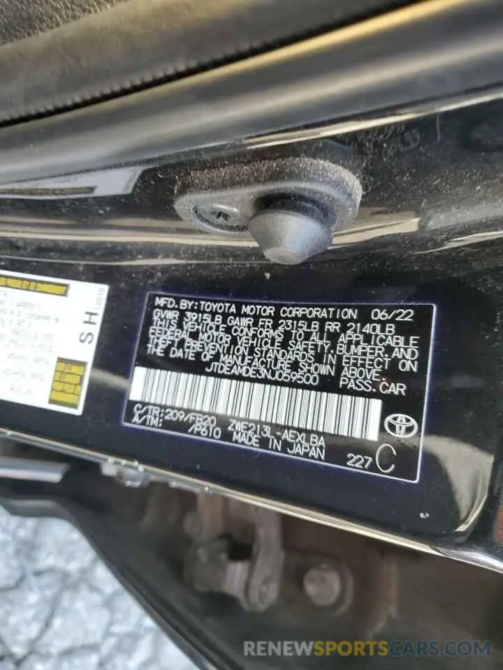12 fotografías del automóvil dañado JTDEAMDE3NJ059500 TOYOTA COROLLA 2022