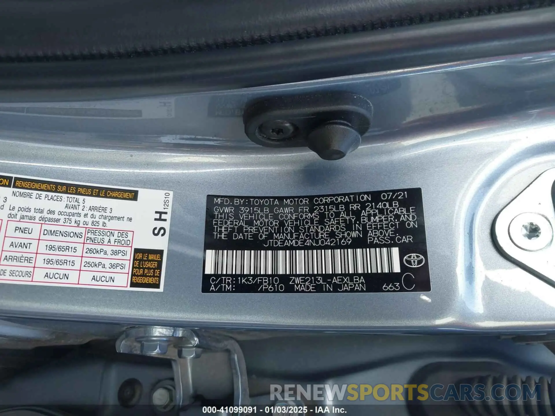 9 fotografías del automóvil dañado JTDEAMDE4NJ042169 TOYOTA COROLLA 2022