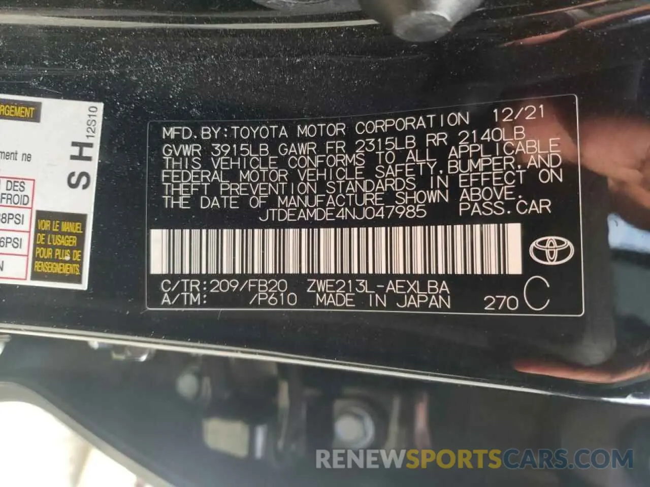 10 fotografías del automóvil dañado JTDEAMDE4NJ047985 TOYOTA COROLLA 2022