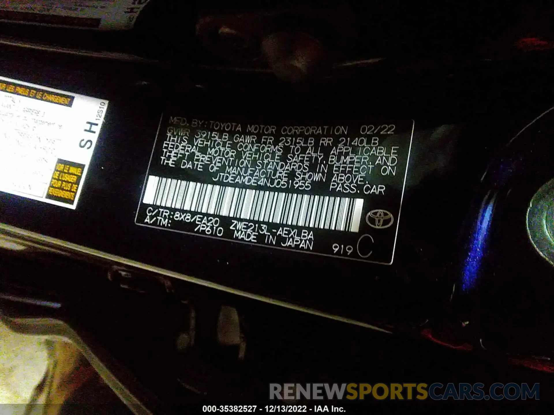 9 fotografías del automóvil dañado JTDEAMDE4NJ051955 TOYOTA COROLLA 2022