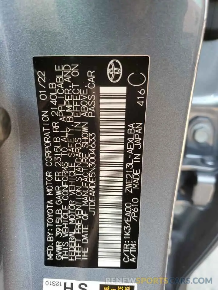 13 fotografías del automóvil dañado JTDEAMDE5N3004633 TOYOTA COROLLA 2022