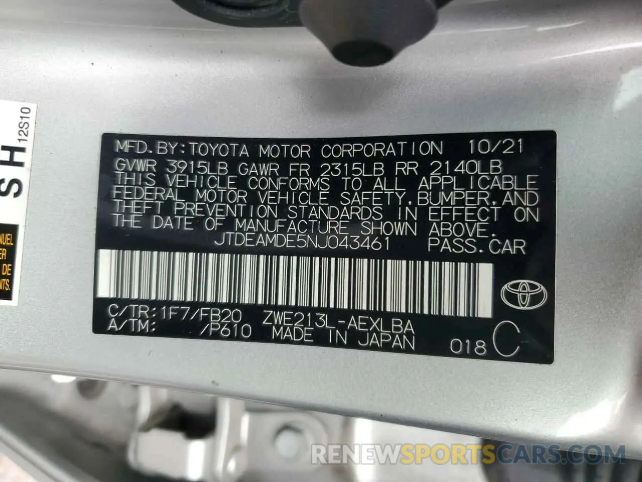 12 fotografías del automóvil dañado JTDEAMDE5NJ043461 TOYOTA COROLLA 2022