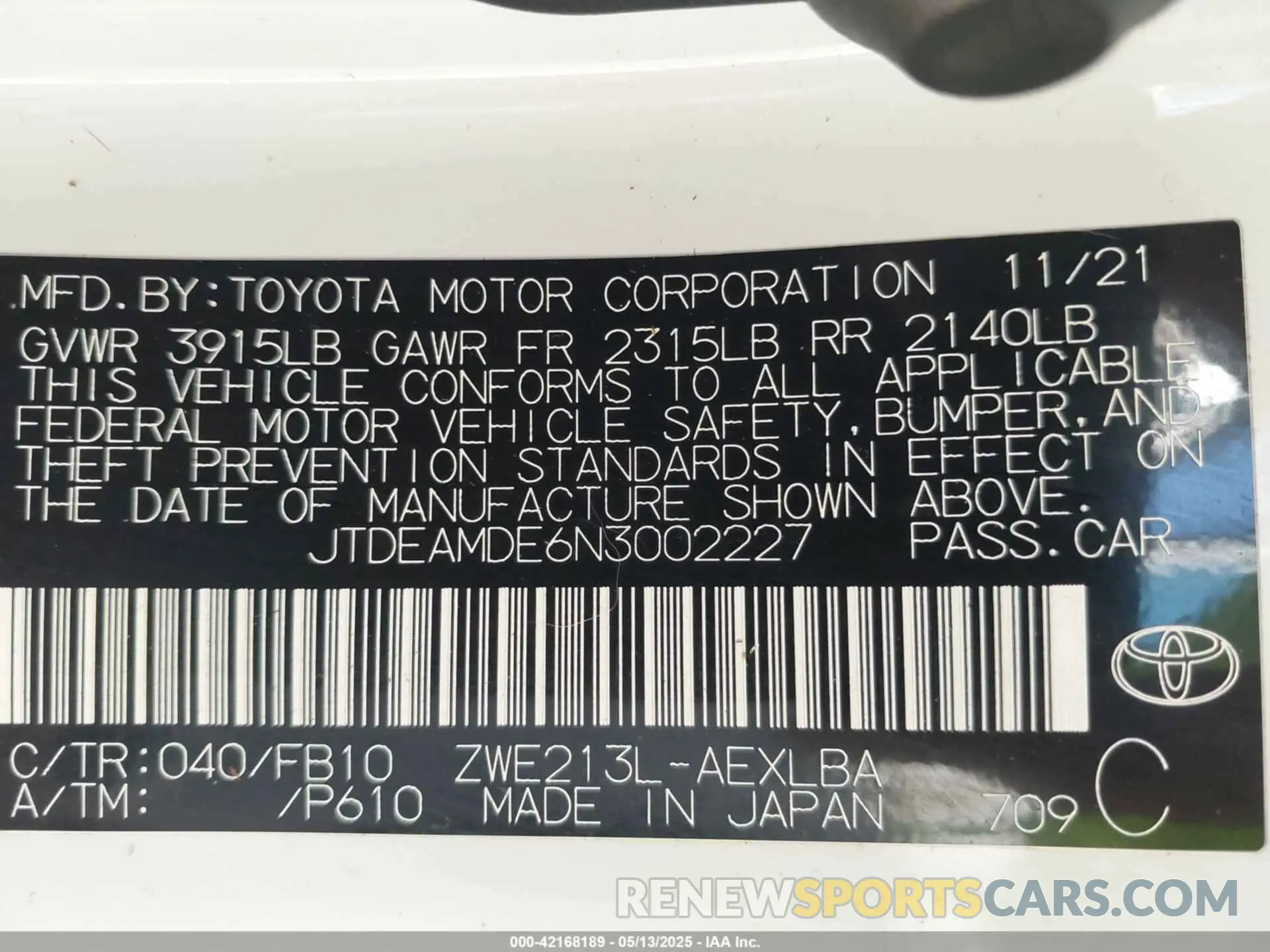 9 fotografías del automóvil dañado JTDEAMDE6N3002227 TOYOTA COROLLA 2022