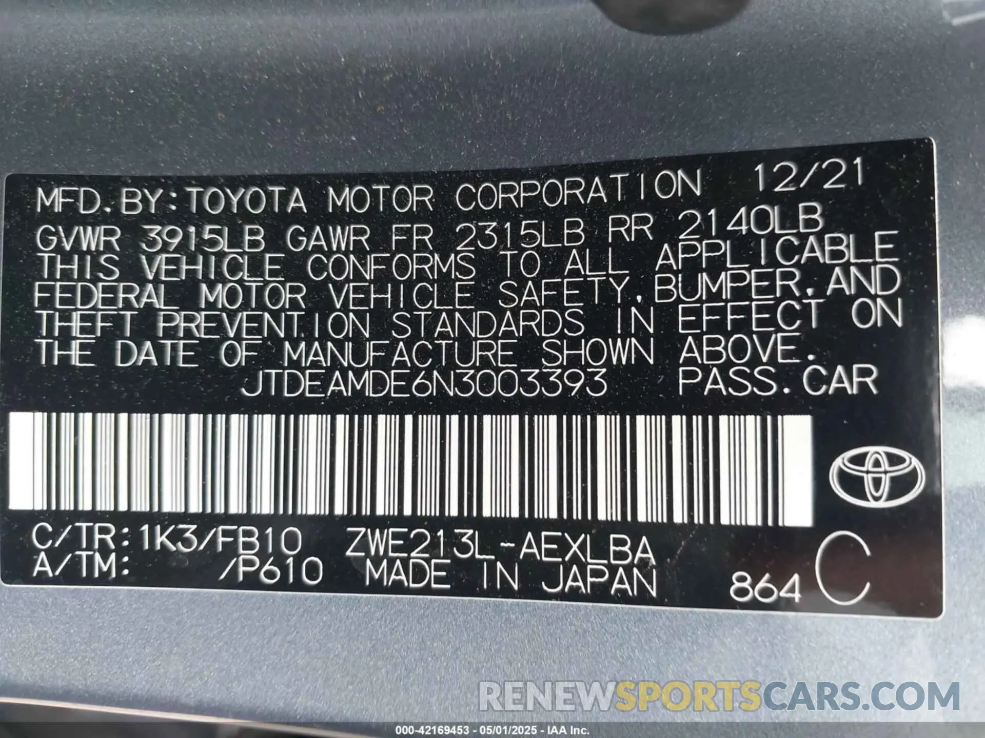 9 fotografías del automóvil dañado JTDEAMDE6N3003393 TOYOTA COROLLA 2022