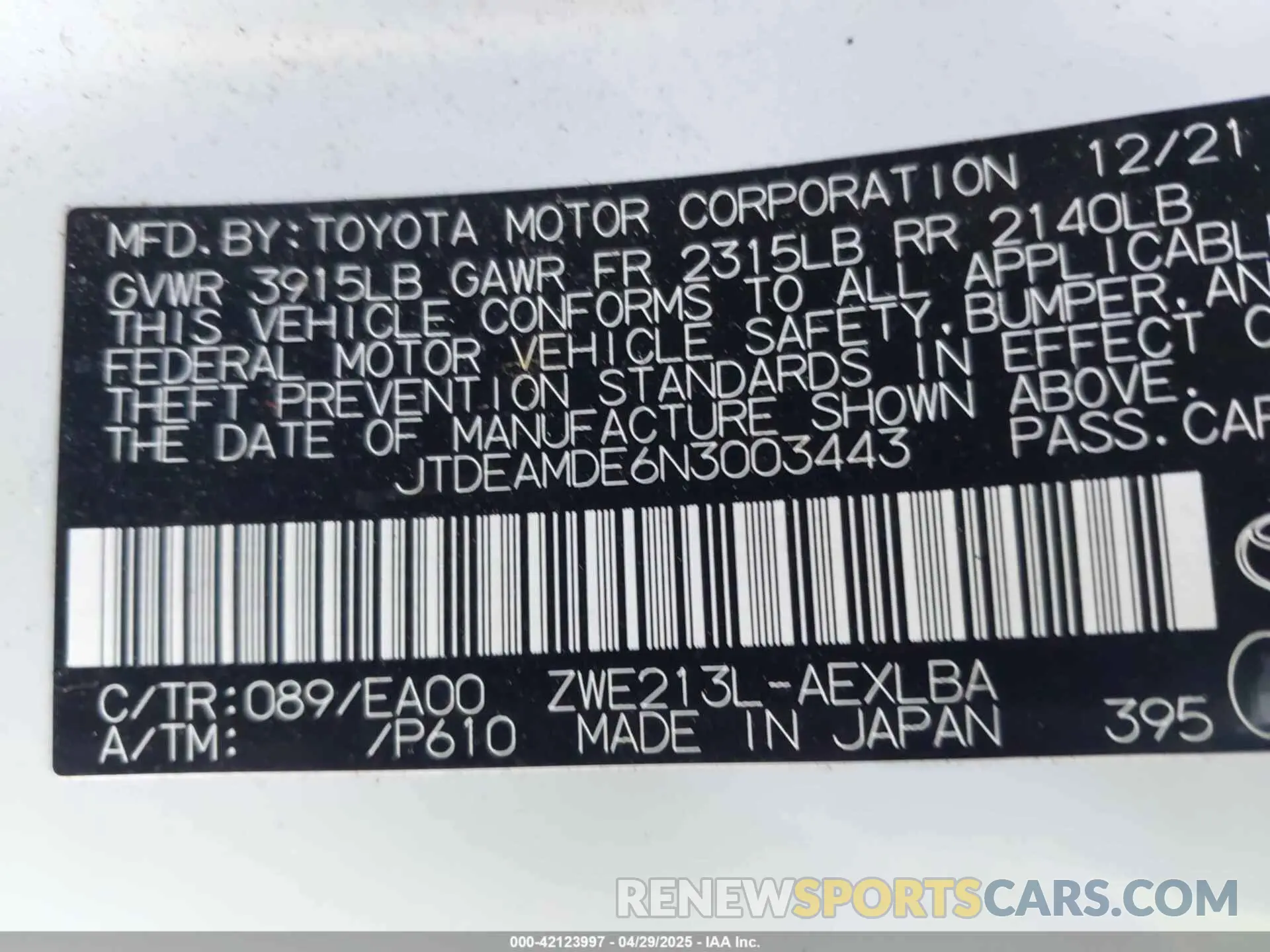 9 fotografías del automóvil dañado JTDEAMDE6N3003443 TOYOTA COROLLA 2022