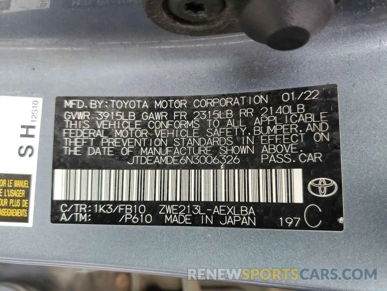 12 fotografías del automóvil dañado JTDEAMDE6N3006326 TOYOTA COROLLA 2022